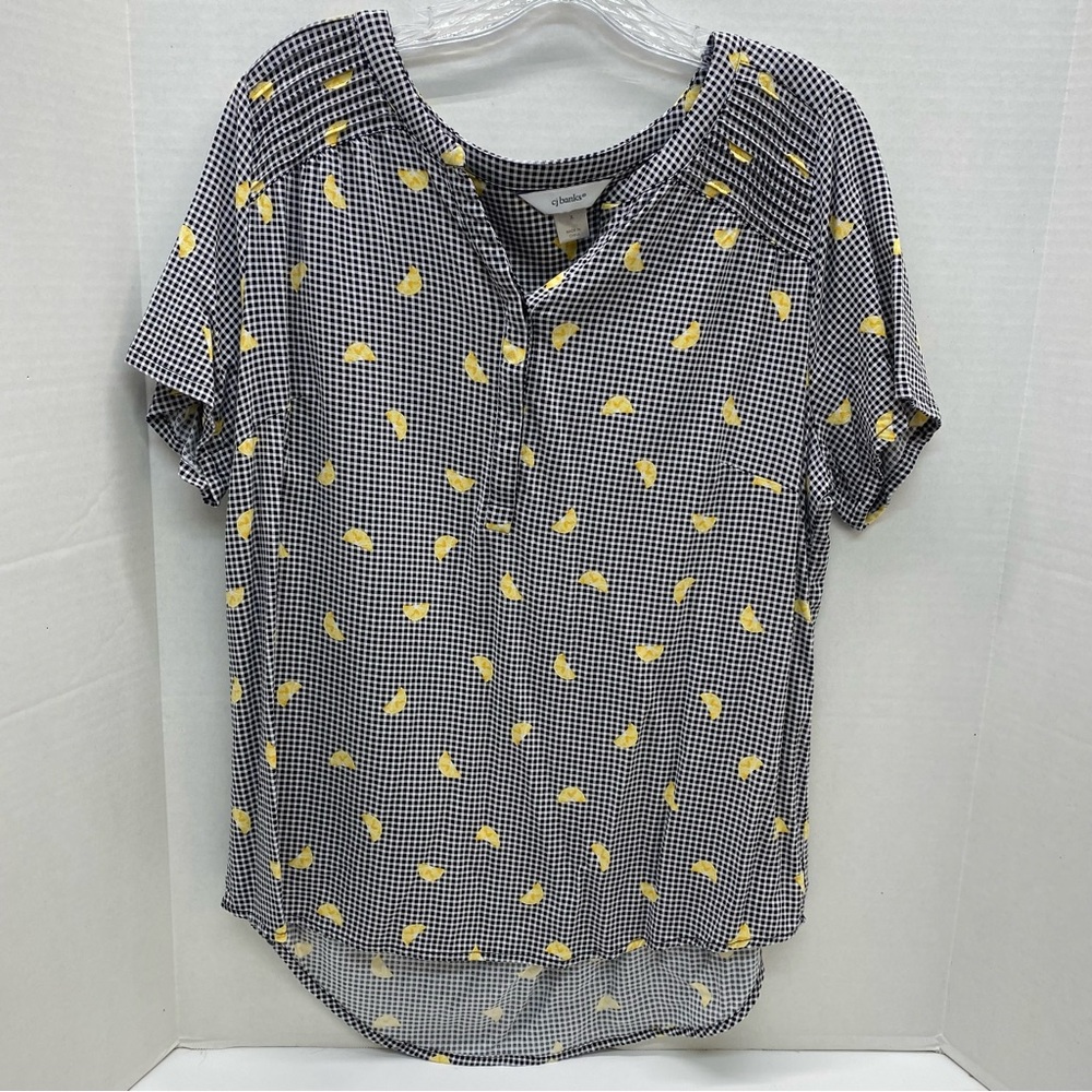 C J Banks Black White Gingham Lemon Print Short Sleeve Top Size X=14 Pullover